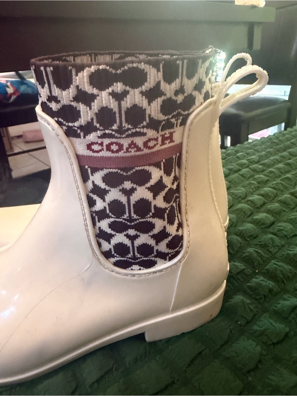 Coach White Rain Boots with Brown & White Signature Cuff - Picture 2 of 9